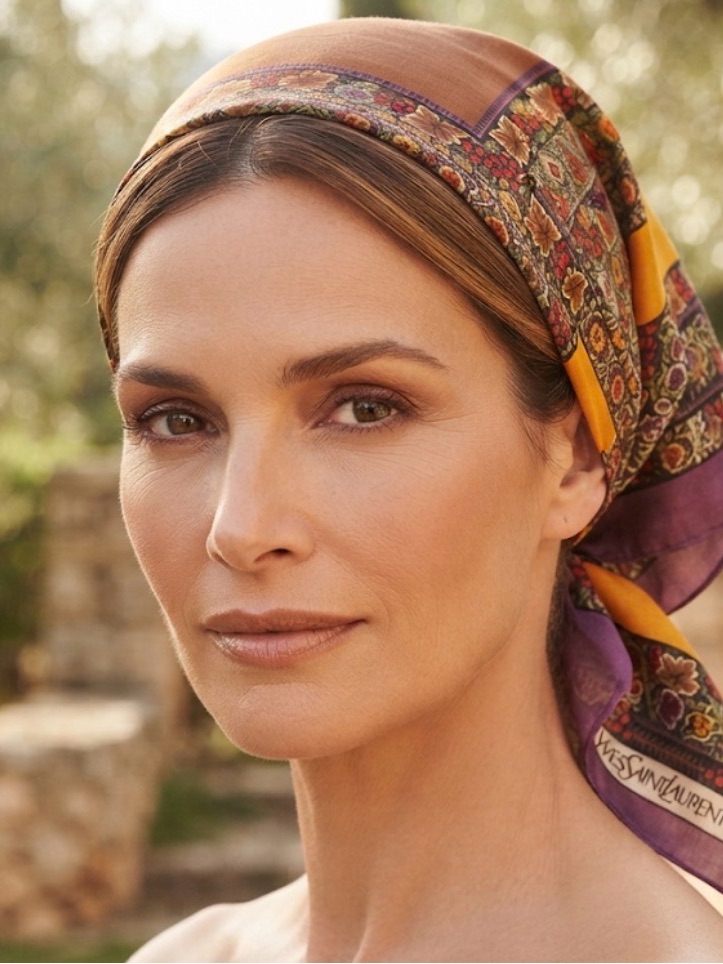 Yves Saint Laurent Printed Silk Headscarf In Brown, Purple & Yellow